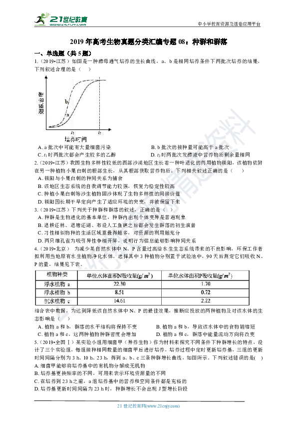 2019年高考生物真题分类汇编专题08：种群和群落