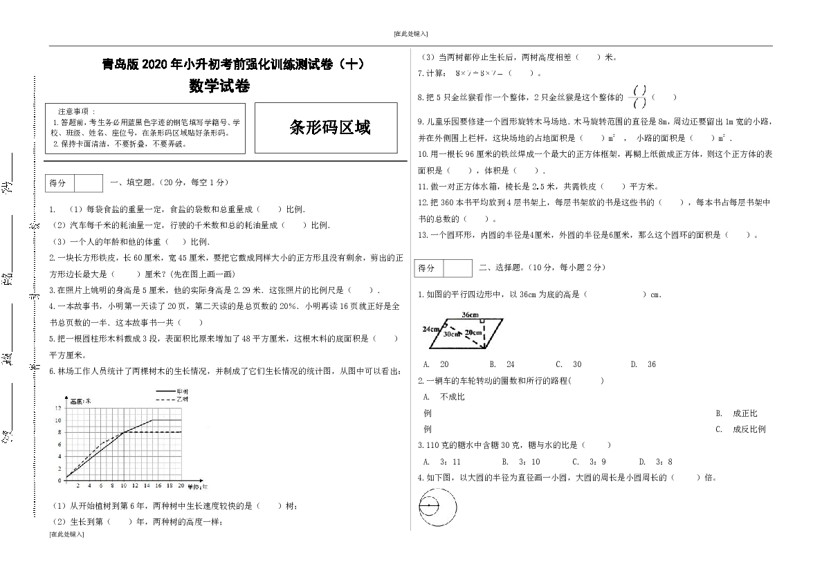 青岛版数学小升初考前强化训练测试卷 10（含答案）