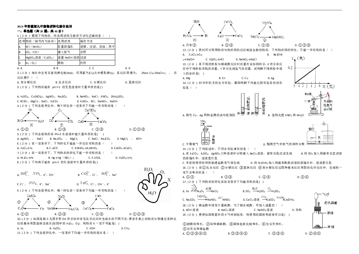 2019年浙教版九年级上物质转化综合运用专题