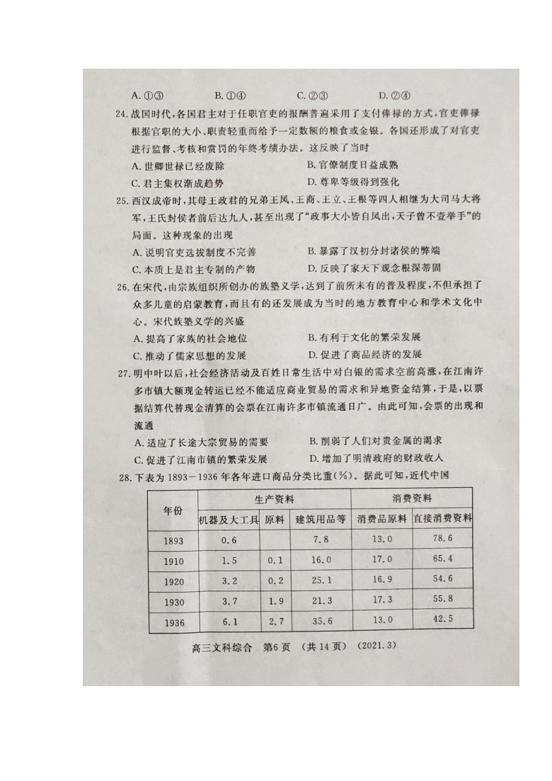 河南省洛阳市2021届高三下学期第二次统一考试文综试题（扫描版）