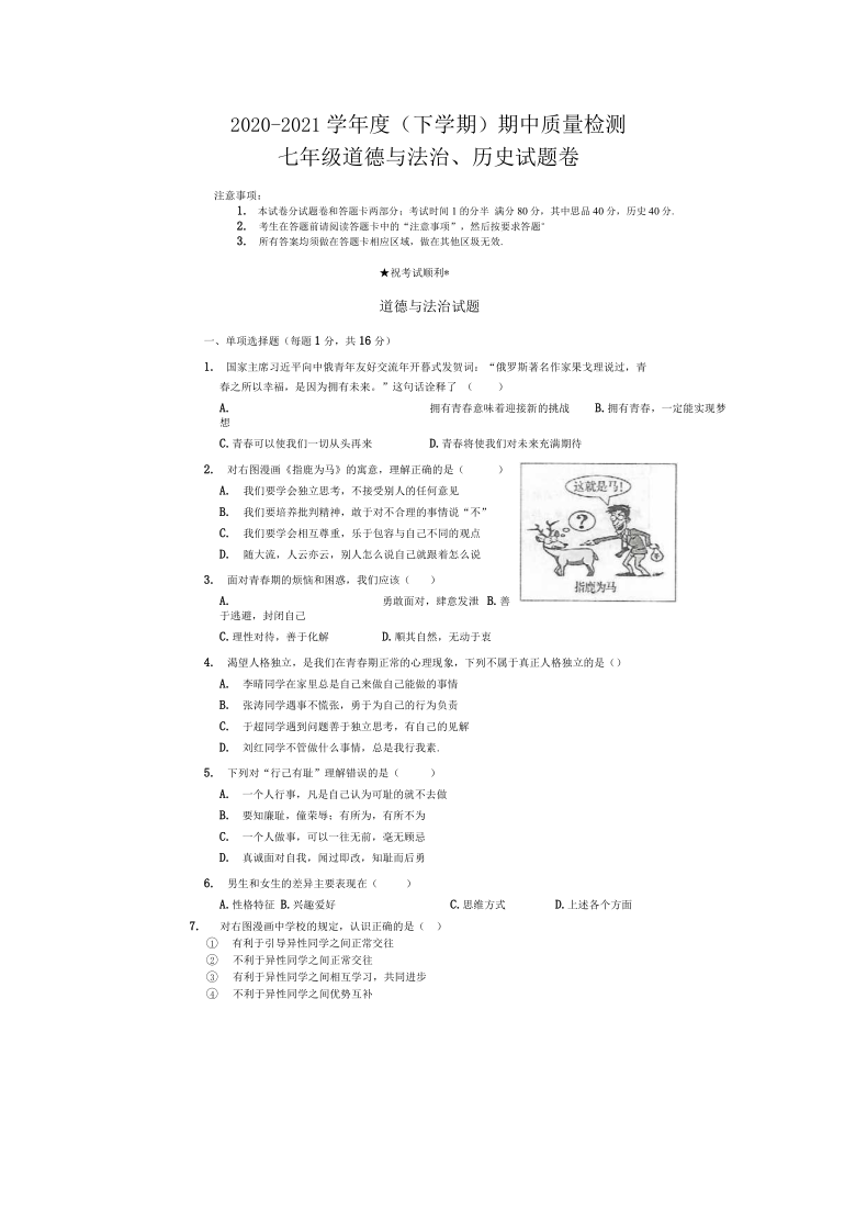 湖北省黄石市2020-2021学年七年级下学期期中质量检测道德与法治试题(Word版，无答案)