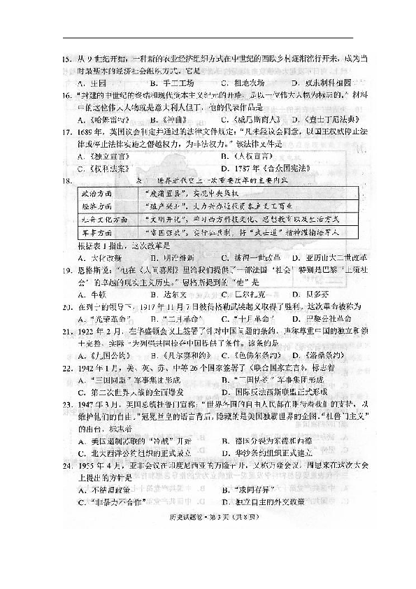 2019年云南昆明市中考历史试题(扫描版，含答案）
