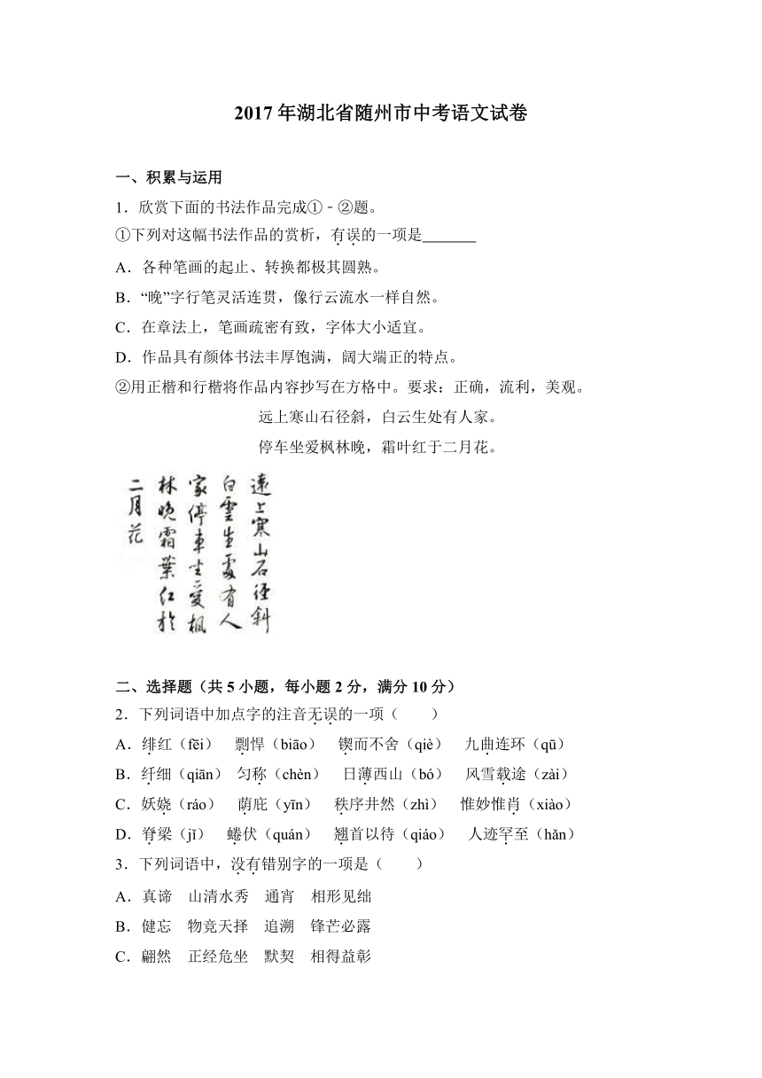 2017年湖北省随州市中考语文试卷（解析版）