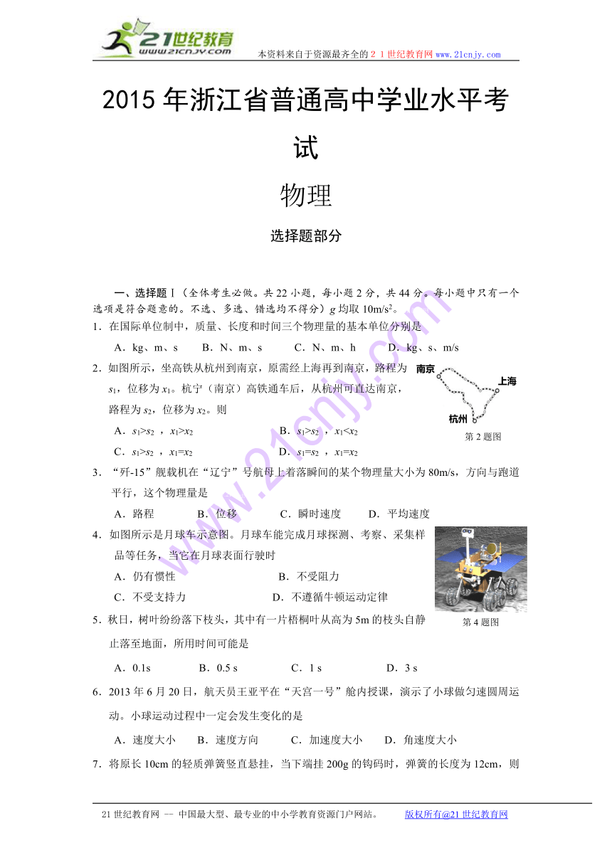 2015年浙江省普通高中学业水平考试考试物理试题