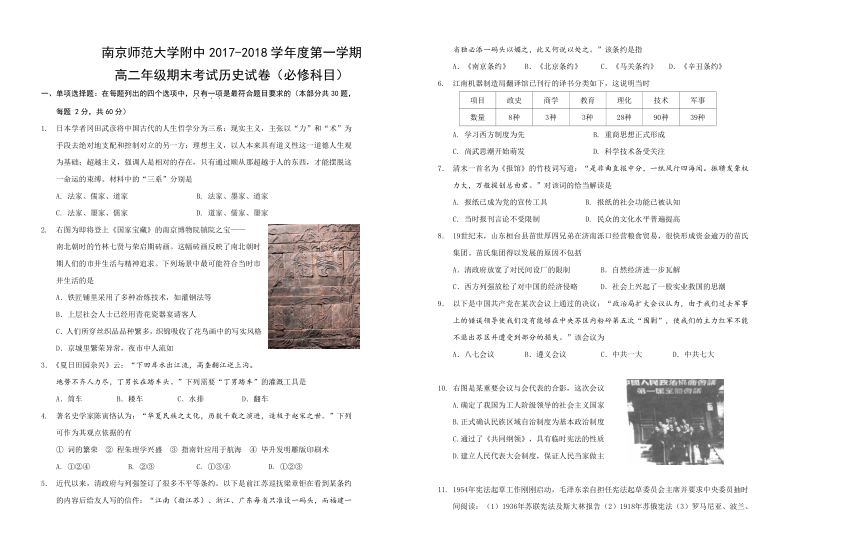 江苏省南京师范大学附中2017—2018学年度高二上学期期末考试历史（必修）试题（无答案）