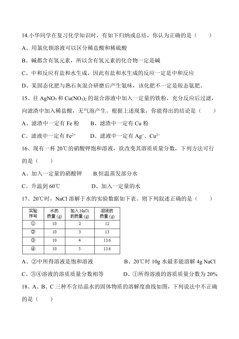 2020-2021学年科粤版九年级化学下学期第二次月考试题（word版无答案）