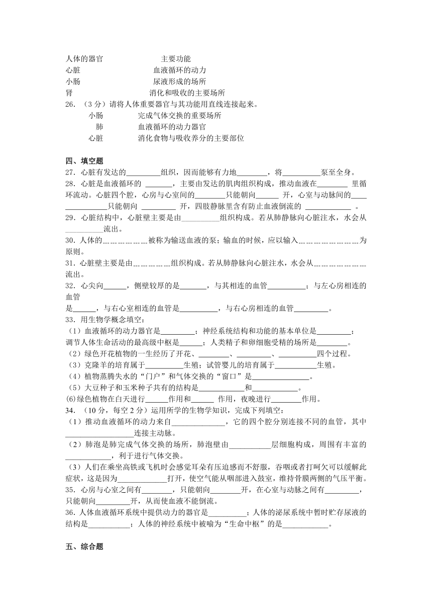 2013-2014学年度生物中考二轮复习专题卷--输送血液的泵-心脏