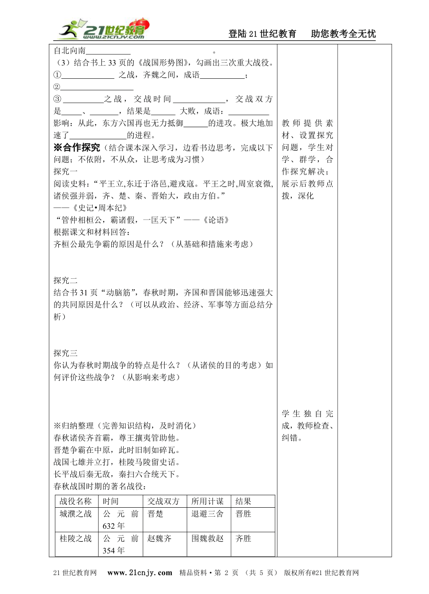 人教版七年级历史上册第6课春秋战国的纷争导学案