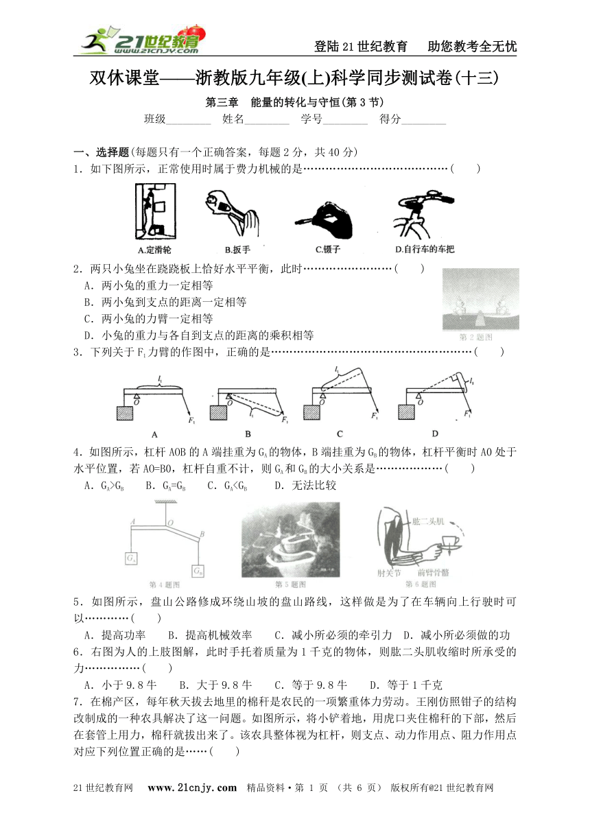 双休课堂——第三章 能量的转化与守恒(第3节)