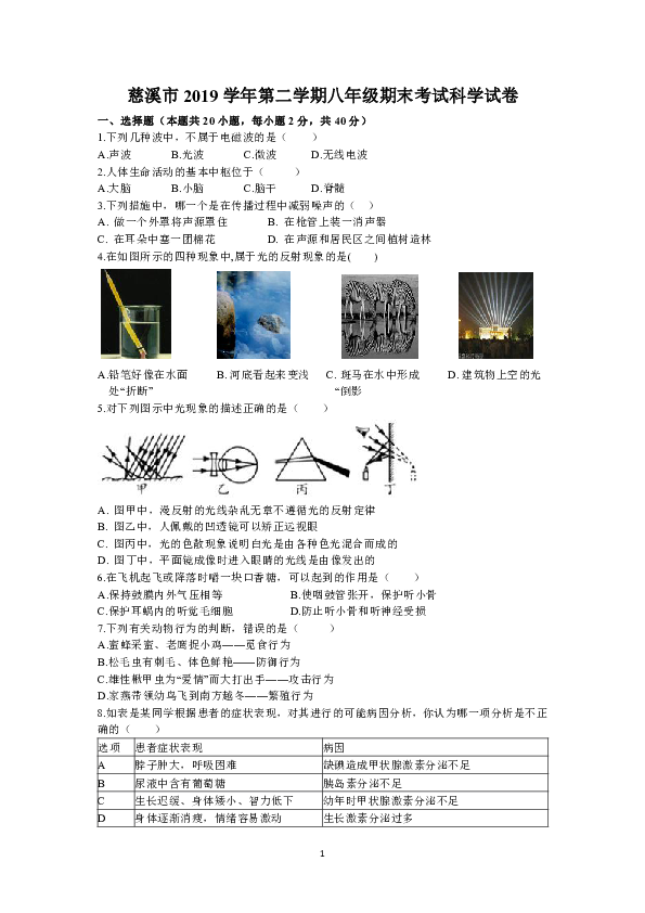 浙江省宁波市慈溪市2019学年第二学期八年级期末考试科学试题卷（word版 含答案）