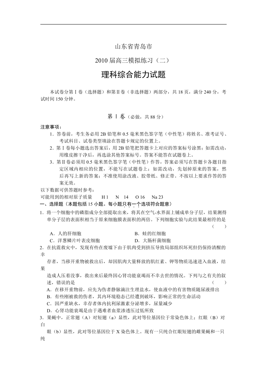 山东省青岛市2010届高三模拟理科综合能力试题