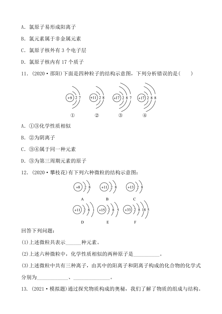 2021年春鲁教版化学中考第一轮知识点强化练习   物质构成的奥秘