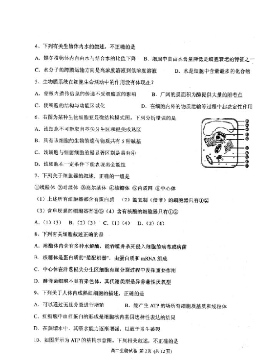 河北省邢台二中2020届高三上学期第一次月考生物试题 扫描版