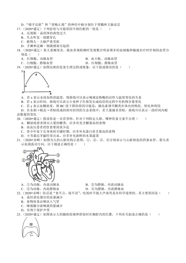 内蒙古2018-2020年近三年中考生物试题分类（4）——生物圈中的人(含解析)