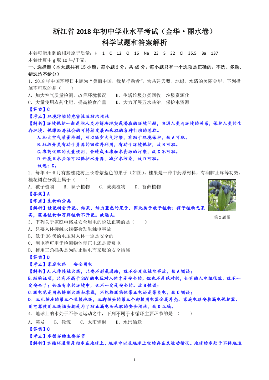 浙江省2018年初中学业水平考试（金华.丽水卷）科学试题卷(word解析版)