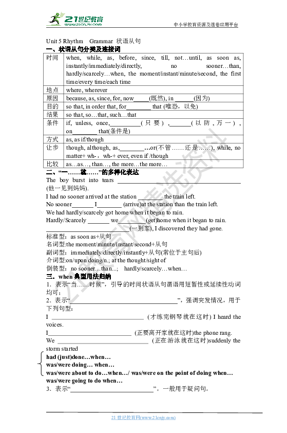 Unit 5 Rhythm  Grammar 状语从句 学案（含答案）