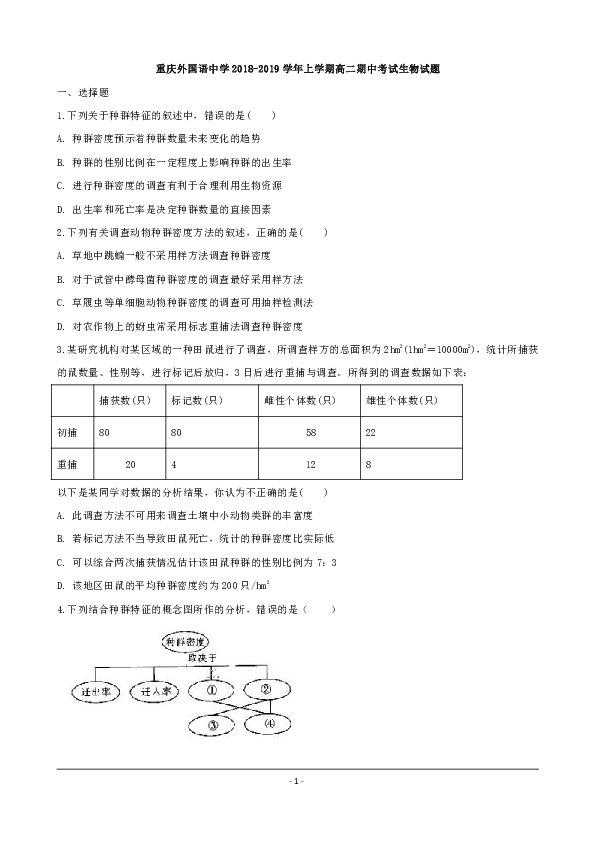 重庆市重庆外国语中学2018-2019学年上学期高二期中考试生物试题 word版含解析