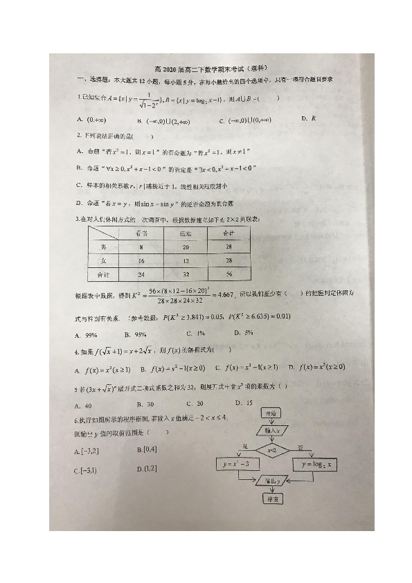 重庆市巴蜀中学2018-2019学年高二下学期期末考试数学（理）试题（pdf版，含答案）