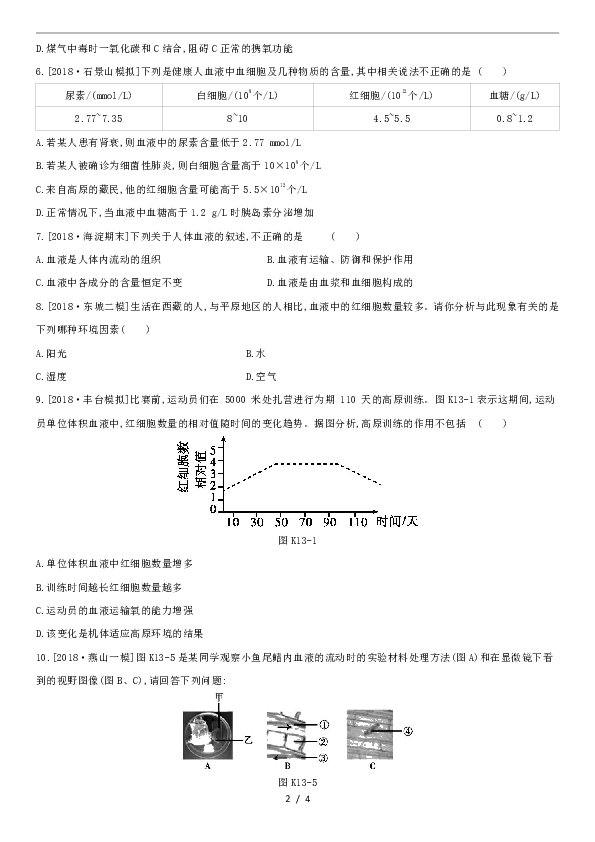 2020中考生物《血液、血管和血型、输血》专题汇编(含答案)