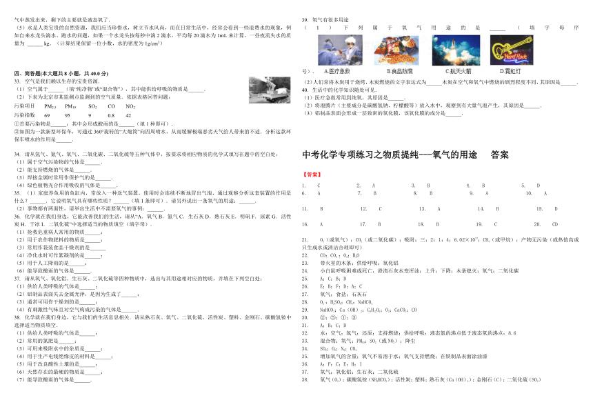 2019年中考化学专项练习：物质提纯---氧气的用途 (含解析）