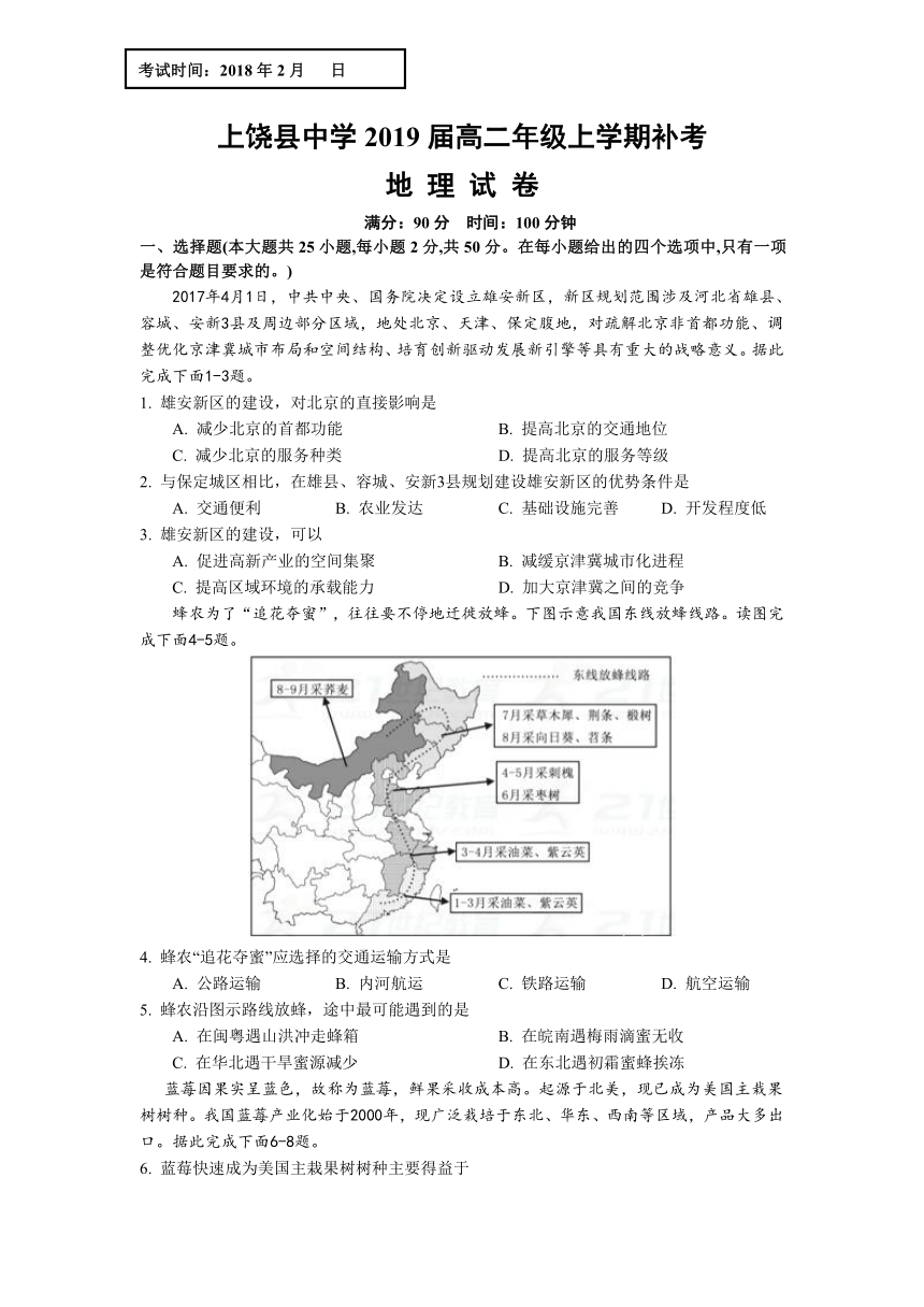 江西省上饶县中学2017-2018学年高二上学期补考地理试题