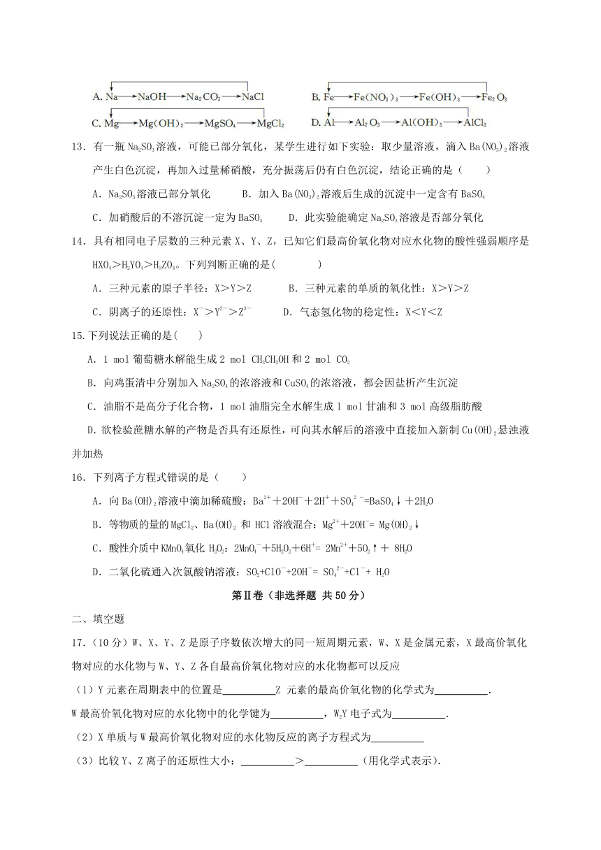 山东省滨州市邹平双语学校一区2017届高三上学期第二次期中考试化学试题