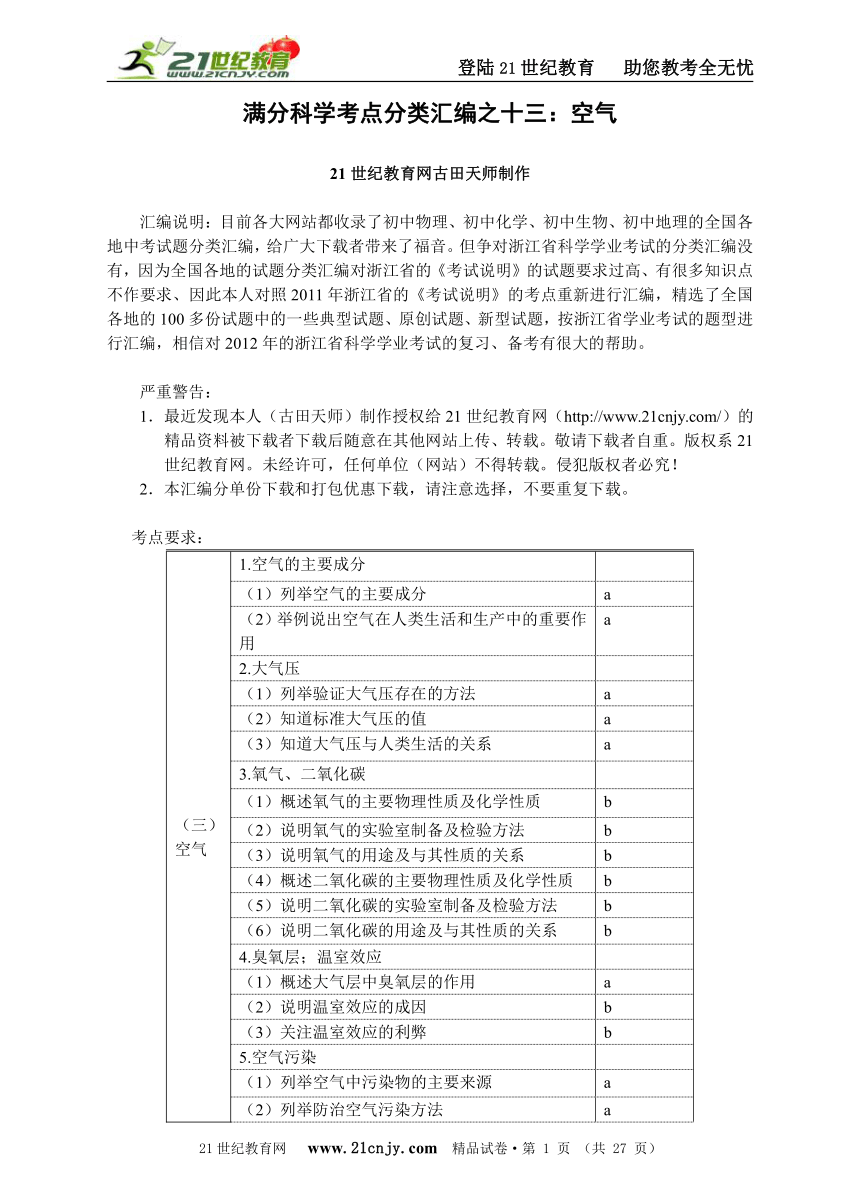 满分科学考点分类汇编之十三：空气