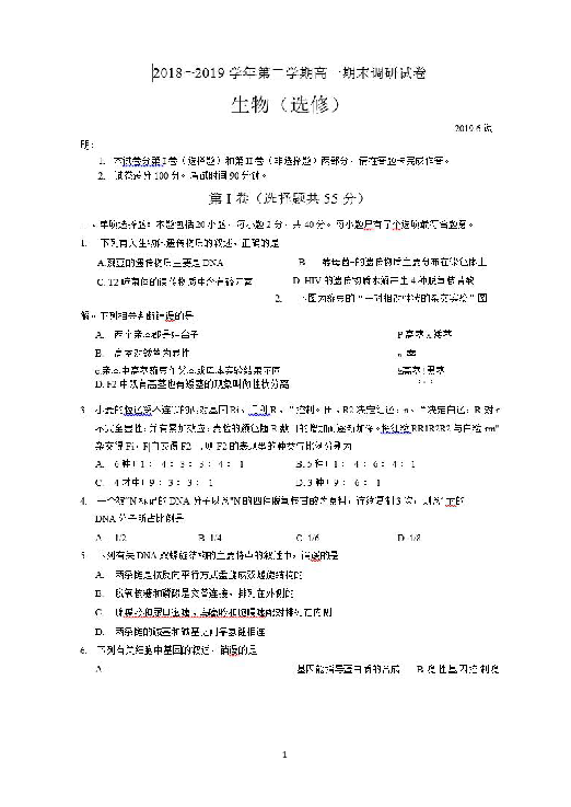 江苏省苏州市2018-2019高一下学期学业质量阳光指标调查卷（期末考试）生物试题（扫描版含答案）