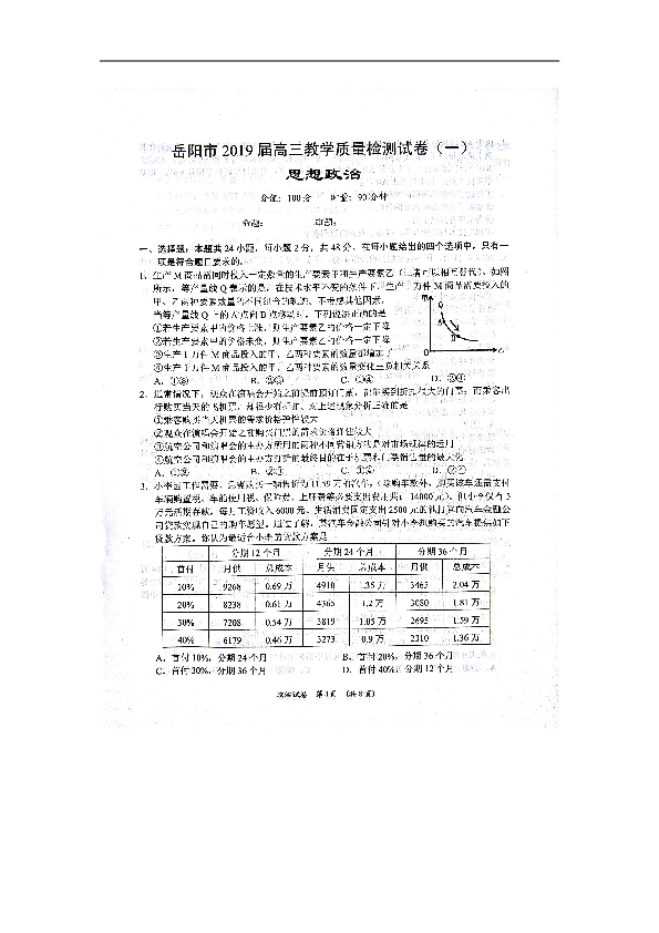 湖南省岳阳市2019届高三教学质量检测一（一模）政治试题+扫描版含答案
