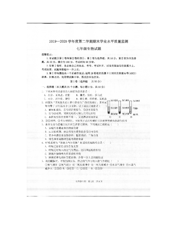 山东省滨州市阳信县2019-2020学年第二学期七年级生物期末试题（图片版，含答案）