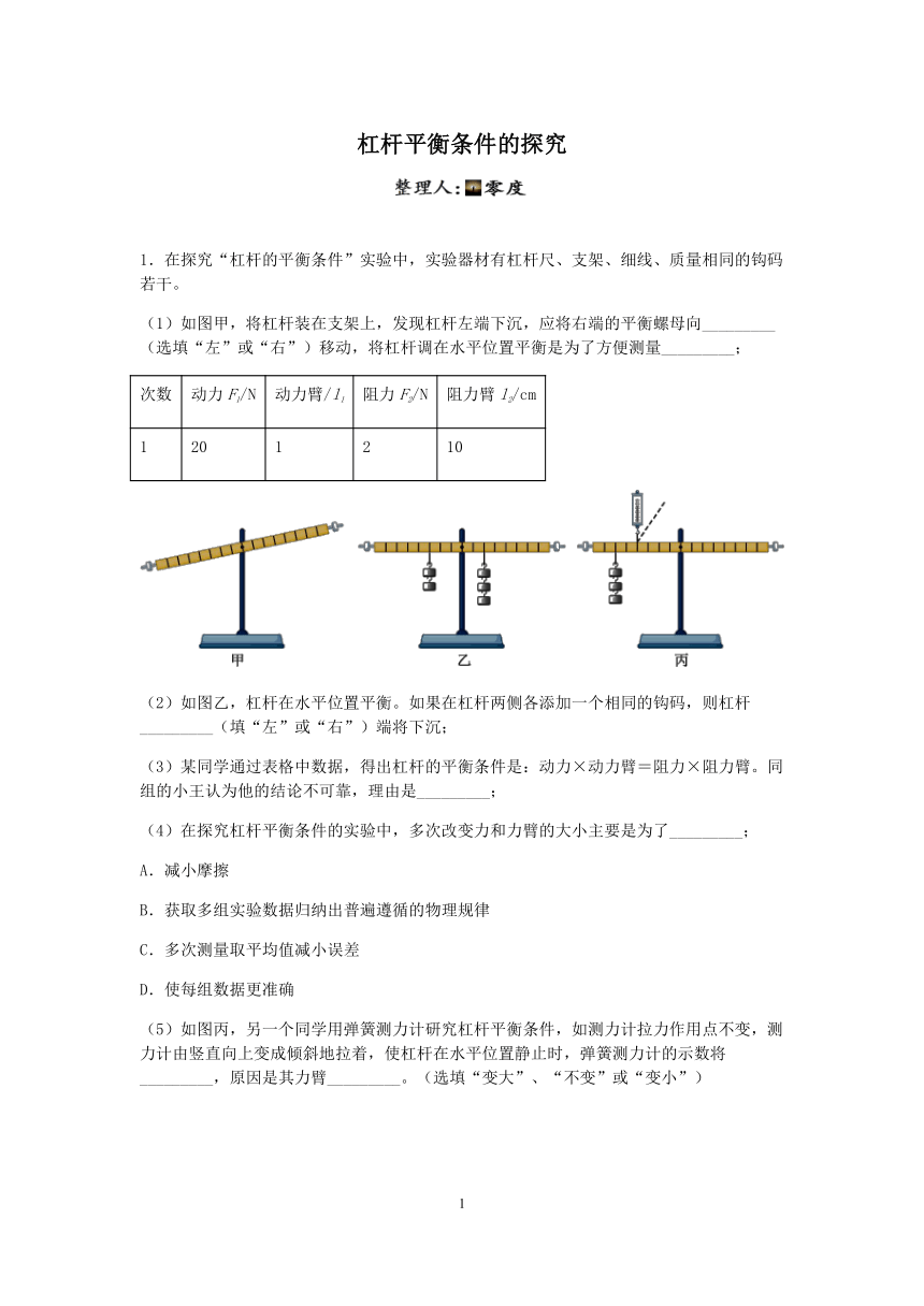 期末备考浙教版九年级上科学核心考点特训十一杠杆平衡条件的探究word