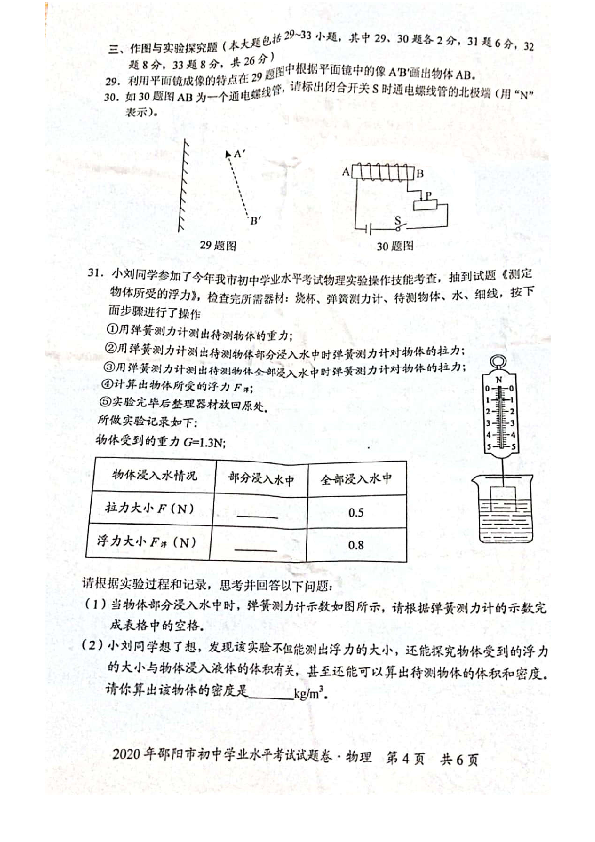 湖南省邵阳市2020年中考物理试题（PDF版，含答案）