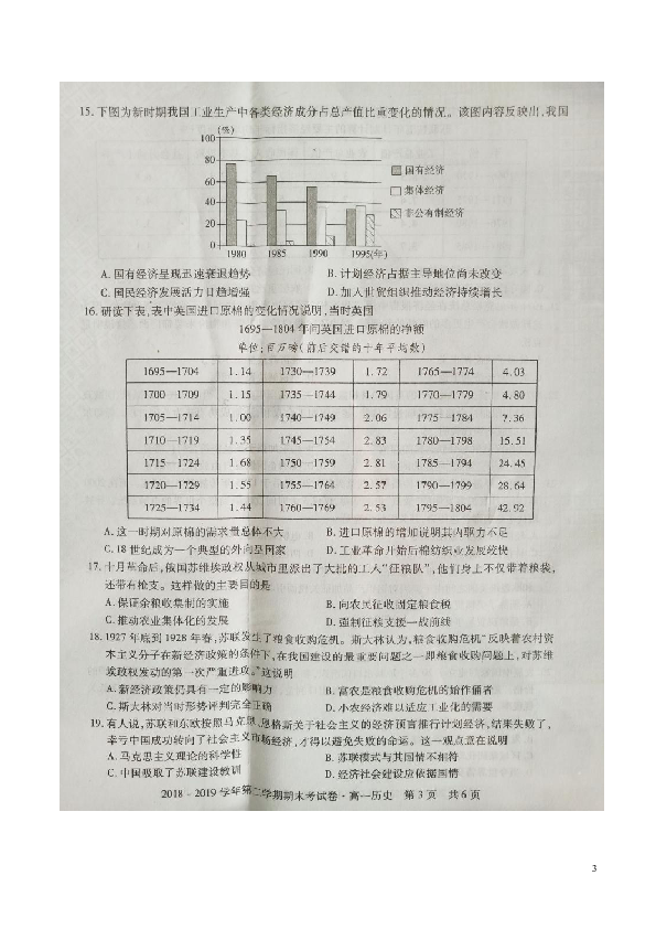 安徽省2018-2019学年高一下学期期末联考试题 历史 扫描版（选择含解析）