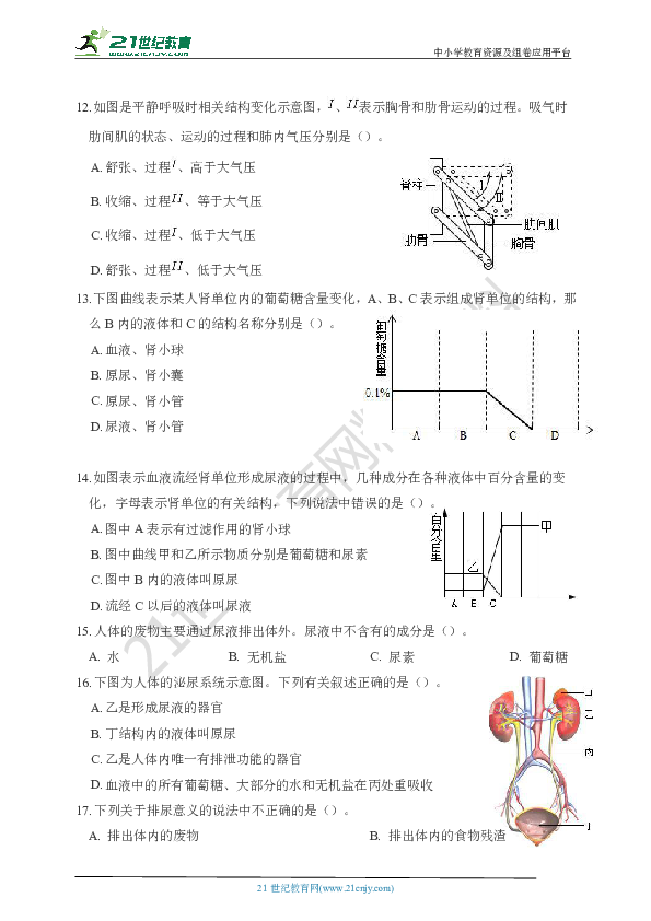 人教版初中生物结业考试专题复习：第四单元生物圈中的人