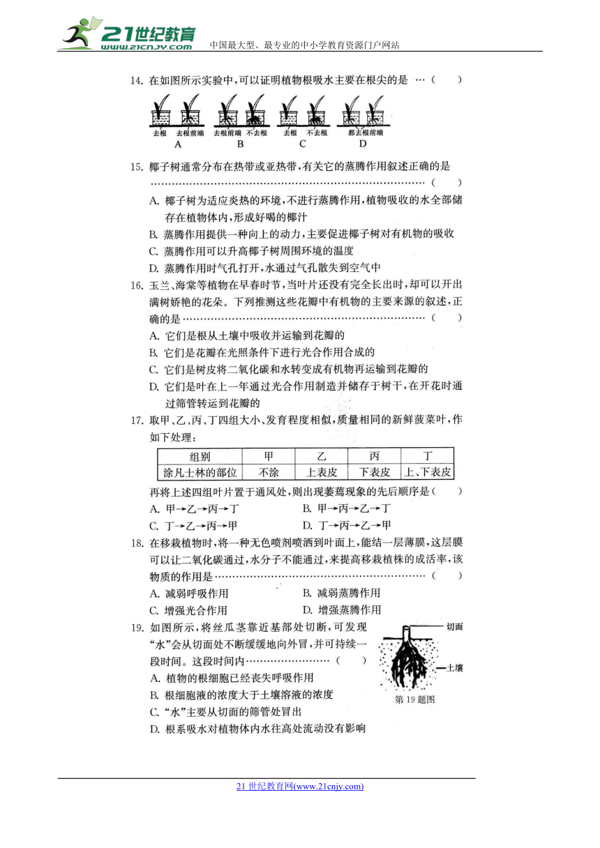 浙教版科学八年级下册第4章 植物与土壤单元测试卷（高清扫描版含答案）