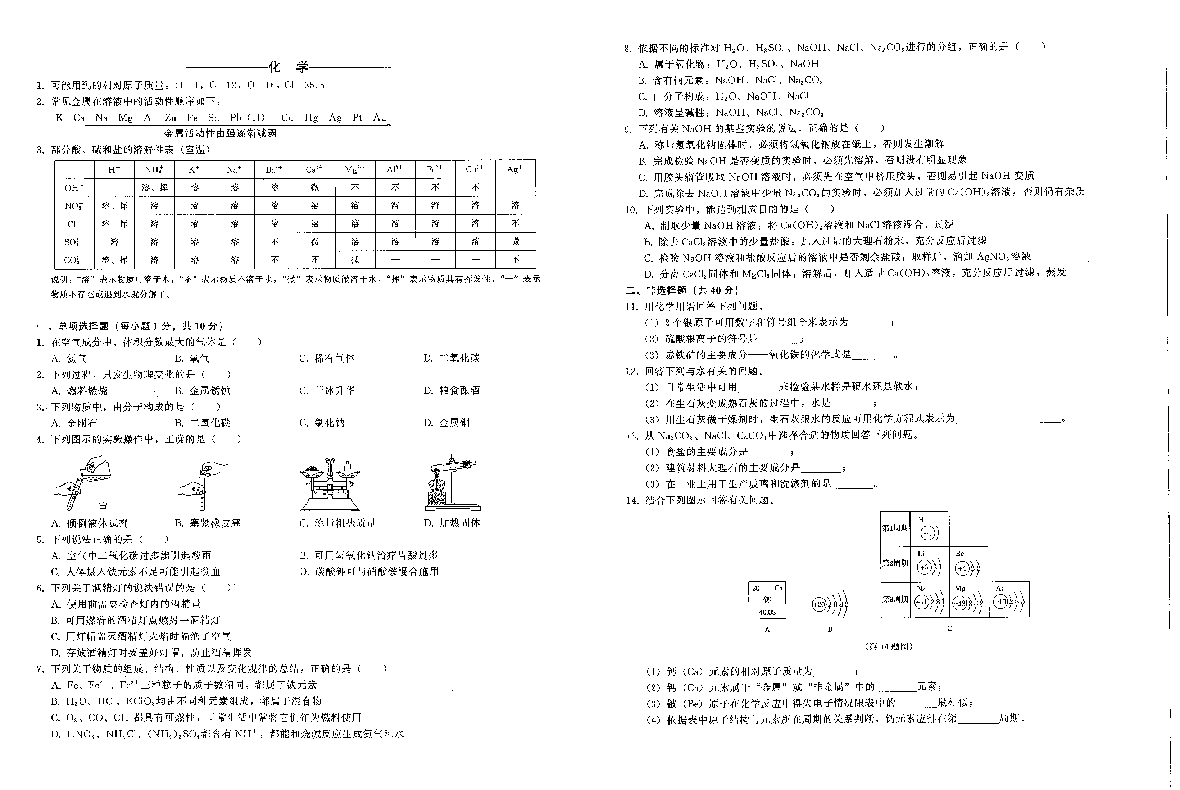 2020年吉林省长春市初中毕业生学业水平模拟考试化学试题（Ⅱ卷）（pdf版 无答案）