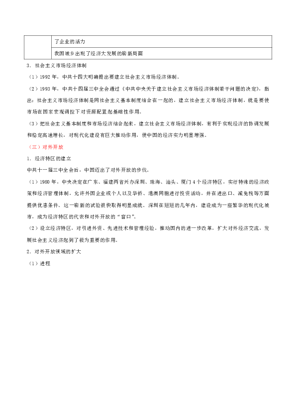 中考历史分类复习：中国特色社会主义道路（知识点+习题含解析）