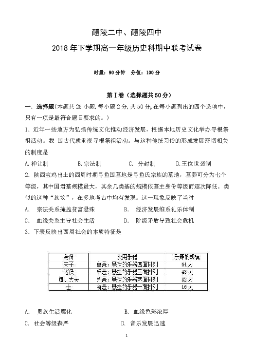 湖南省醴陵两所重点2018-2019学年高一上学期期中联考历史试题