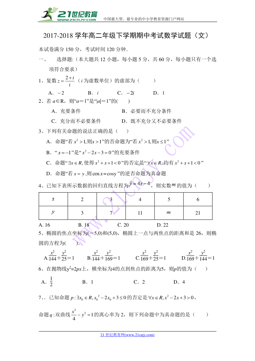 云南省楚雄州元谋县一中2017-2018学年高二下学期期中考试数学（文）试卷