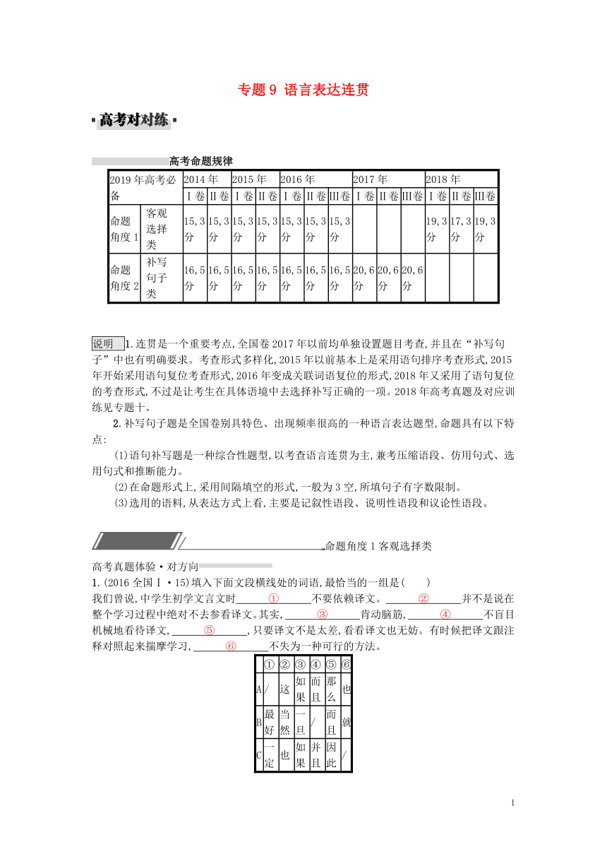 2019届高考语文一轮复习对对练专题9语言表达连贯（含2018年高考真题）