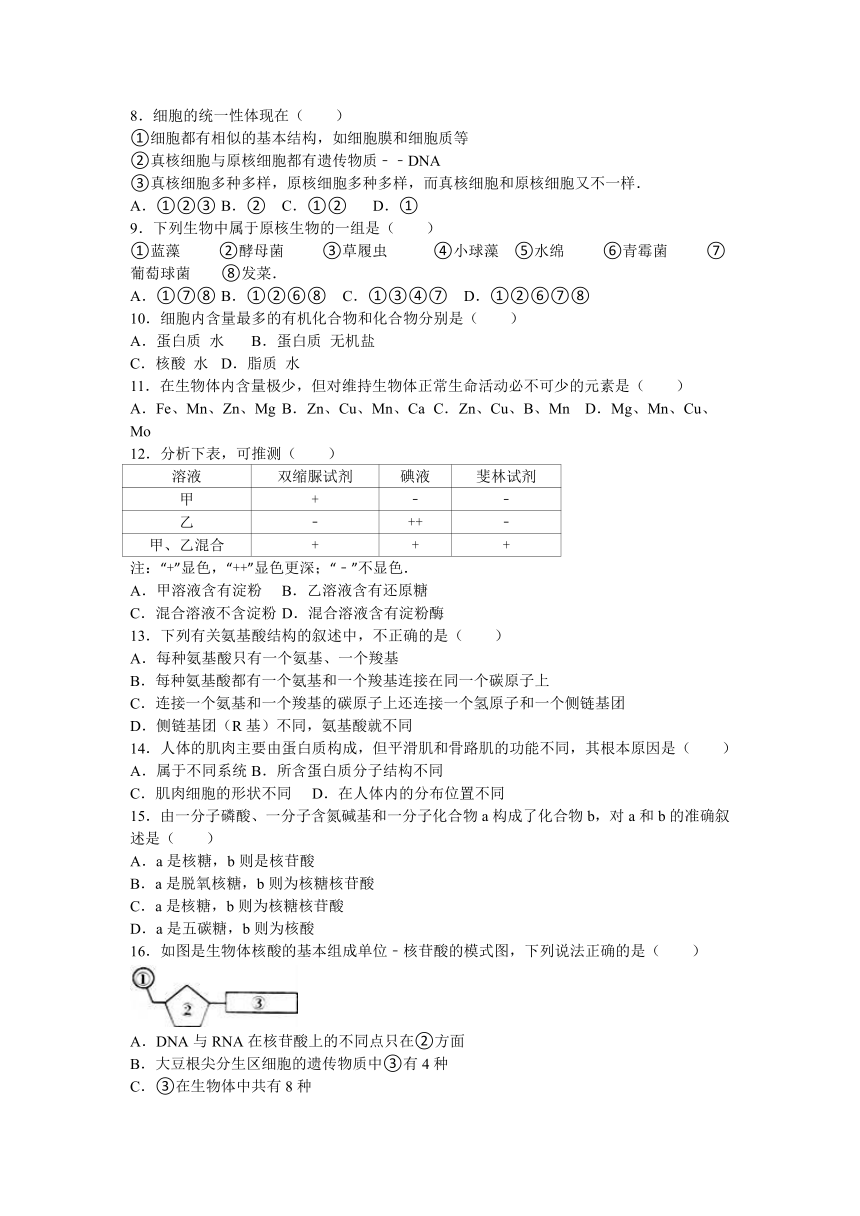 西藏日喀则一中2016-2017学年高一（上）期中生物试卷（解析版）