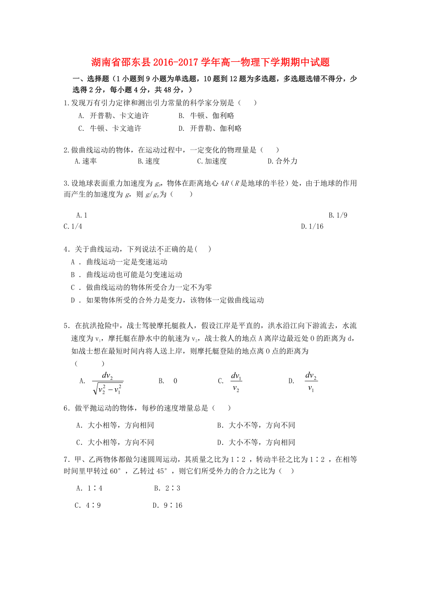 湖南省邵东县2016_2017学年高一物理下学期期中试题