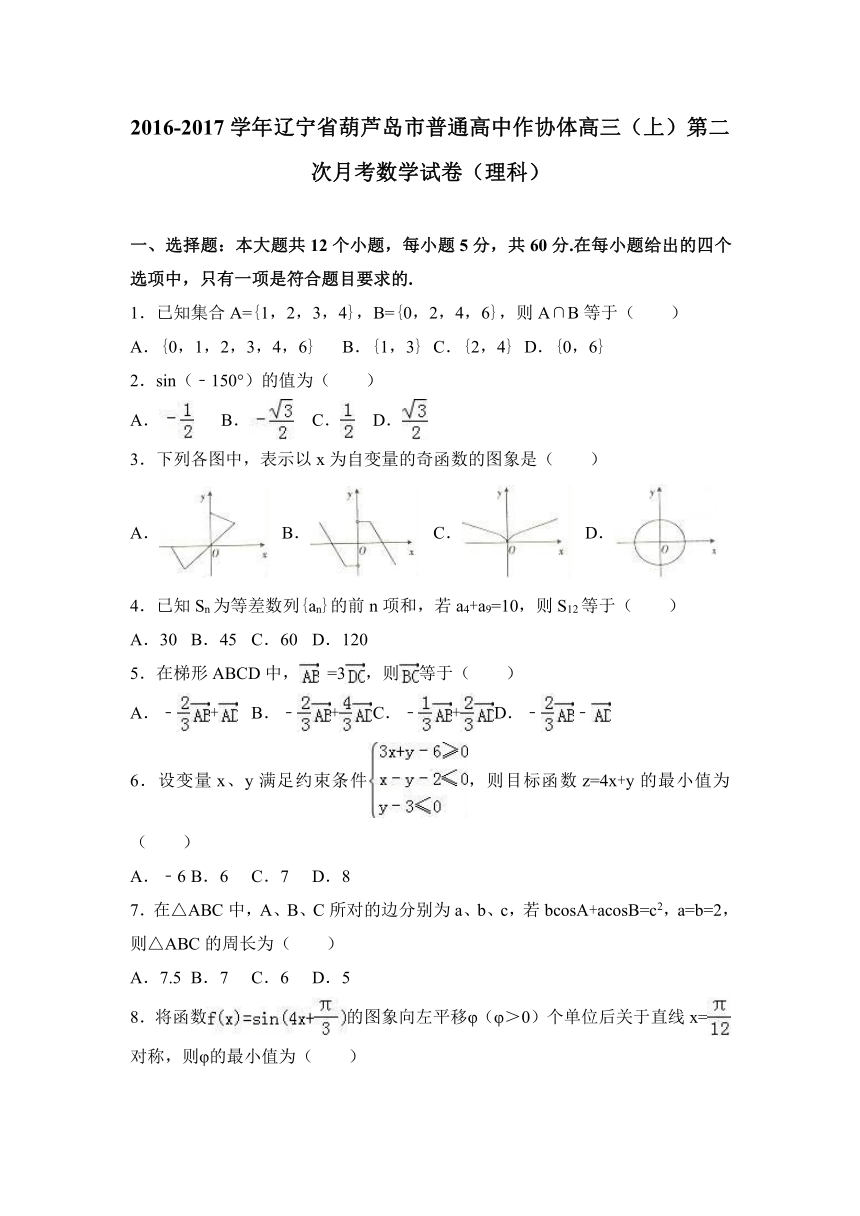 辽宁省葫芦岛市普通高中作协体2017届高三（上）第二次月考数学试卷（理科）（解析版）