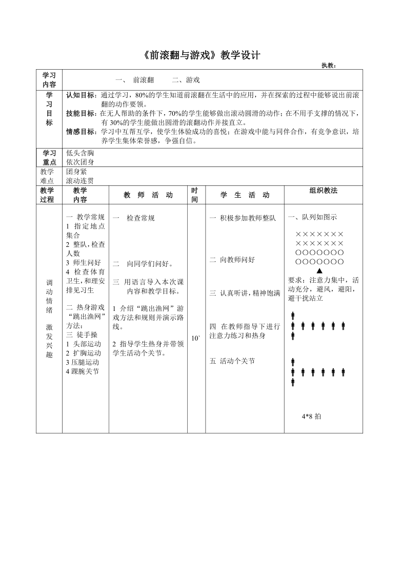 2021-2022学年高中体育与健康人教版全一册《前滚翻与游戏》教学设计