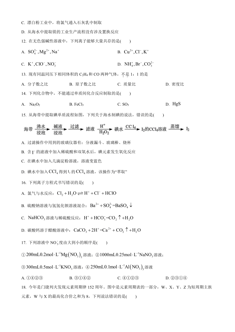 河北省唐山市2020-2021学年高一上学期期末考试化学试题 Word版含答案