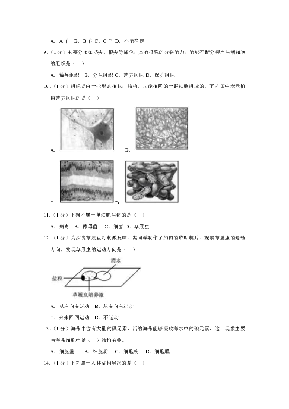 2018-2019学年黑龙江省牡丹江十五中七年级（上）期中生物试卷