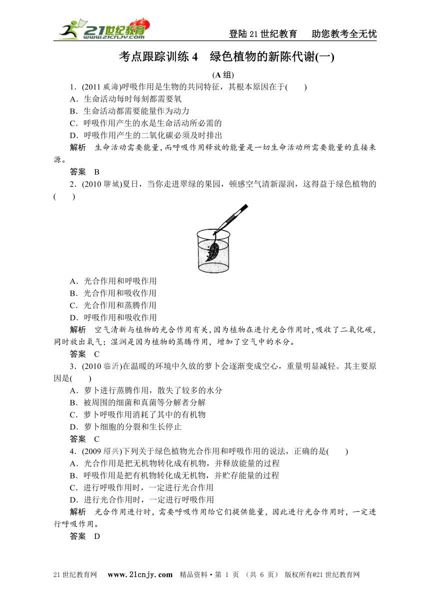 中考必胜——考点跟踪训练4 绿色植物的新陈代谢(一)