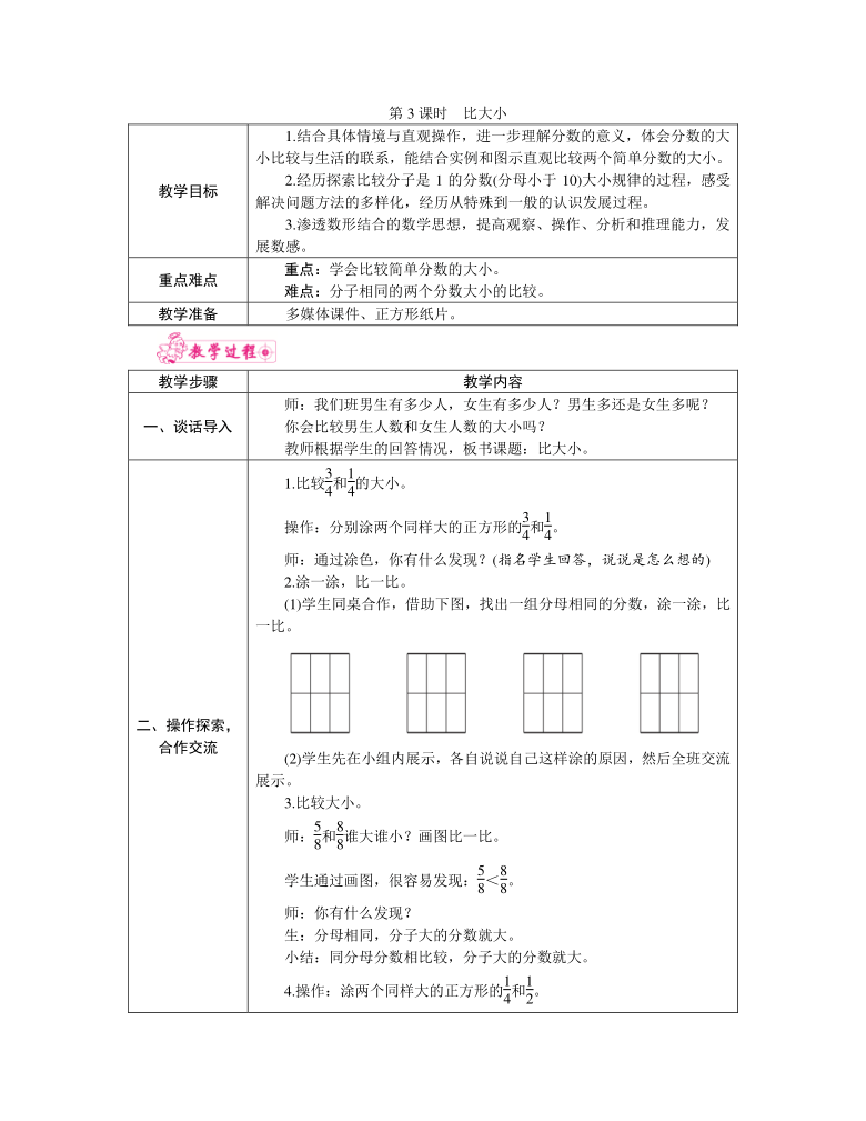 北师大版三年级数学下册 第六单元《 认识分数 》第3课时 比大小 教案 21世纪教育网