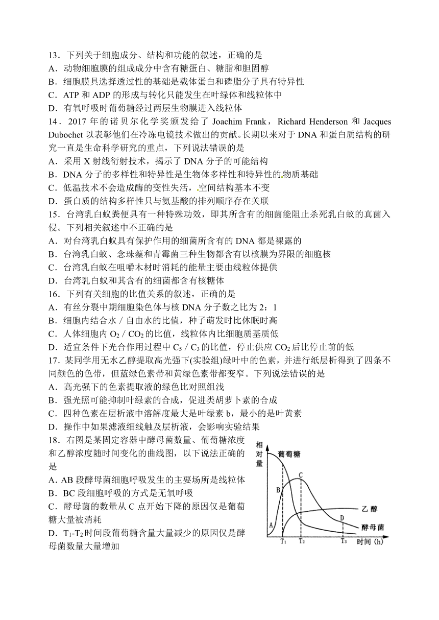 山东省泰安市2018届高三上学期期中考试生物试题（word版，含答案）