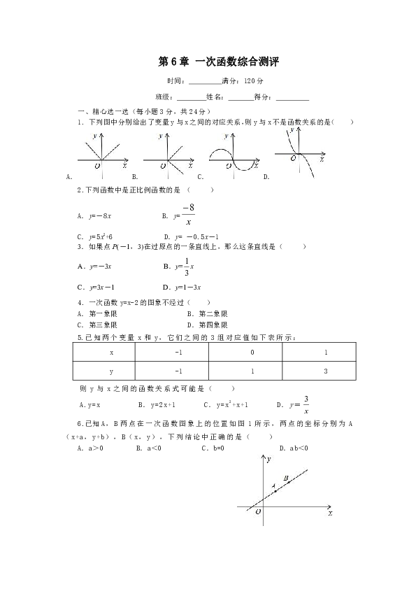 苏科版数学八年级上册第6章一次函数  综合测评（含答案）